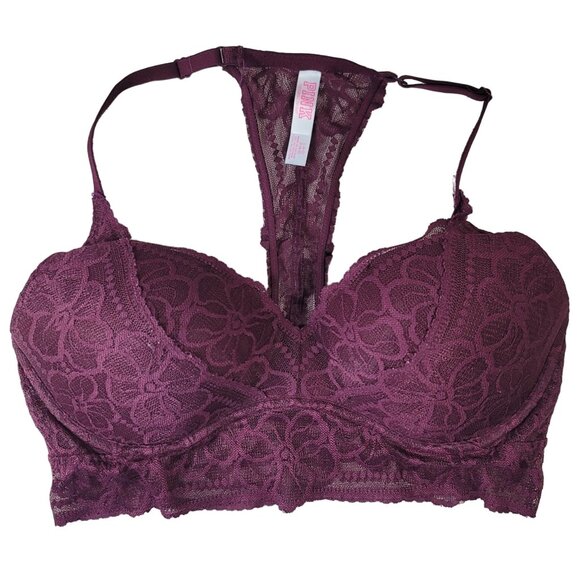 Victoria's Secret PINK Longline Push Up Bra Purple Large Racerback Underwire - Picture 1 of 9